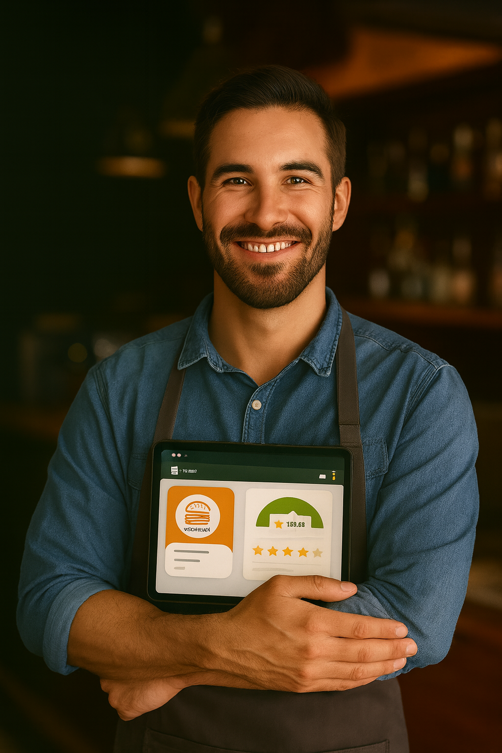 Empresário feliz segurando tablet com aplicativo Save AI